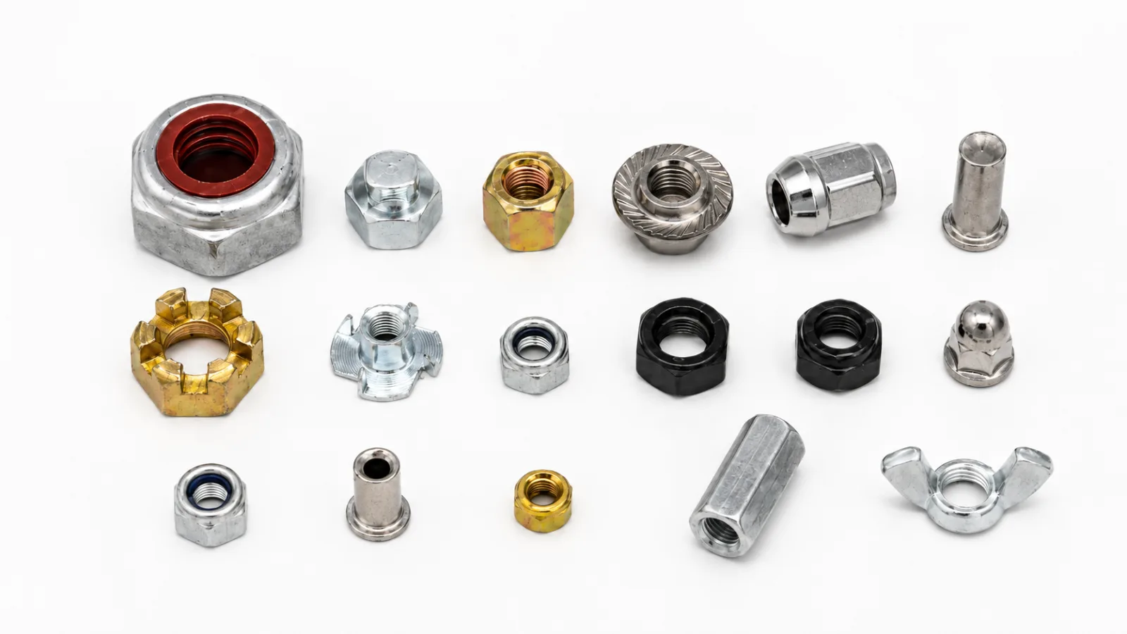 Tuercas hexagonales de diferentes grados de resistencia y exhibición de productos de tuercas industriales