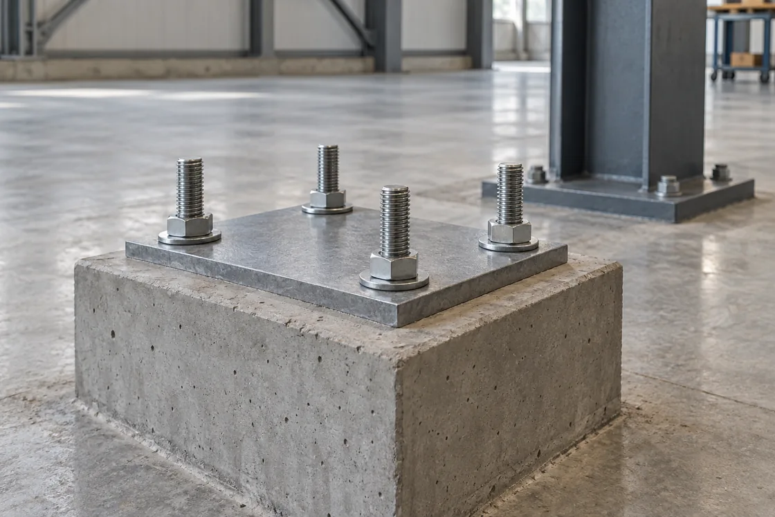 AI application illustration of threaded cast-in anchor ends through a steel plate on a concrete foundation