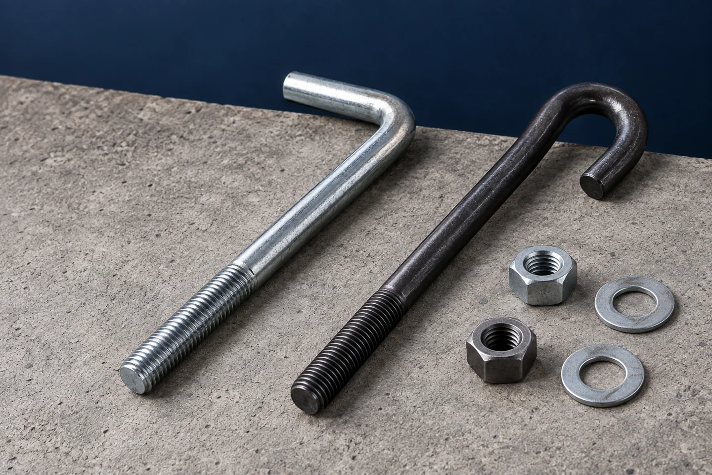 AI product illustration of an L anchor bolt and a J anchor bolt with nuts and washers