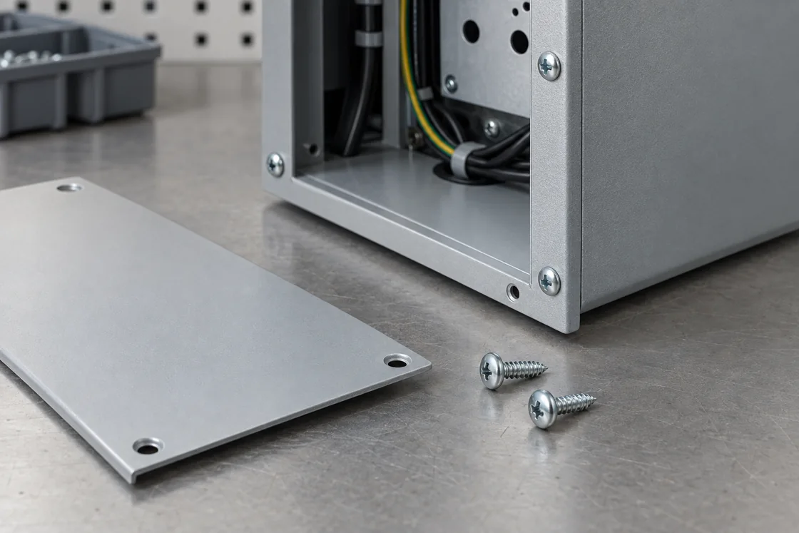 AI illustration of a sheet-metal enclosure, cover and sharp-point screws