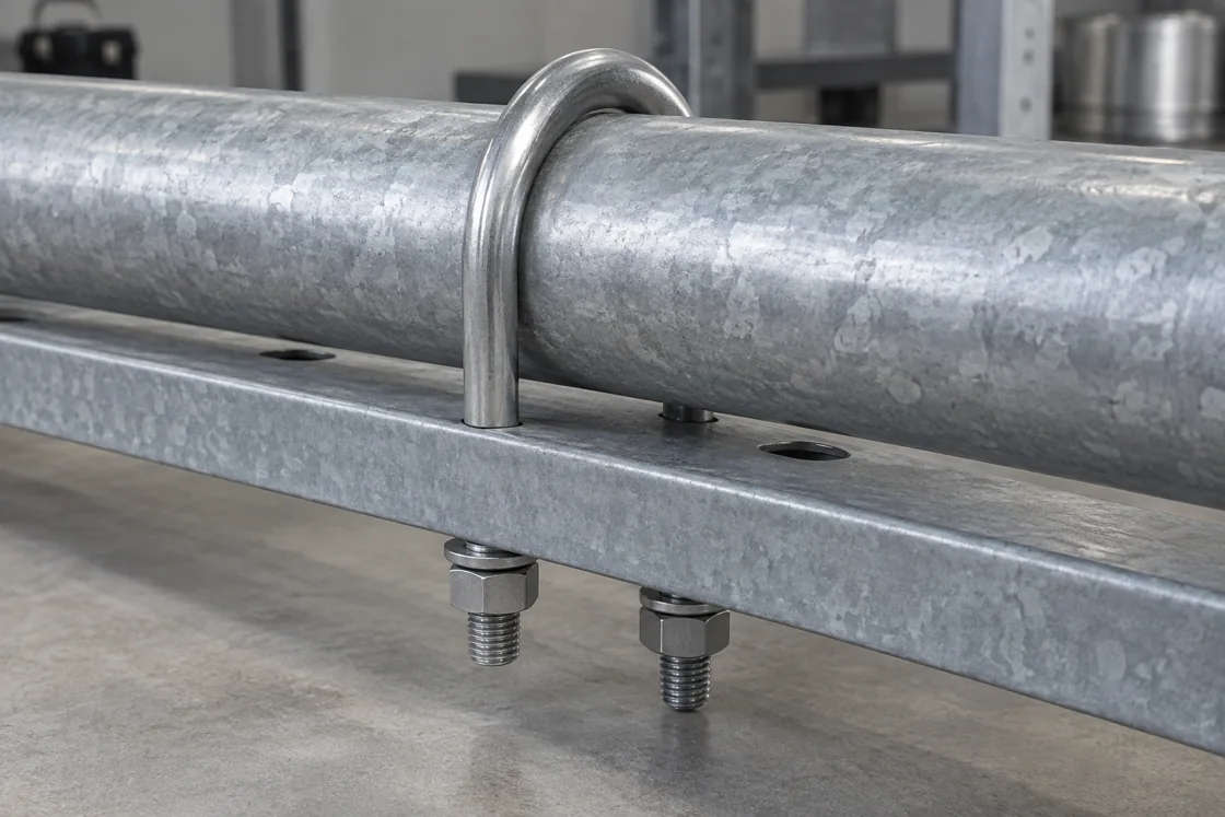 AI application illustration of a round U-bolt holding a pipe to a steel support with two nuts below